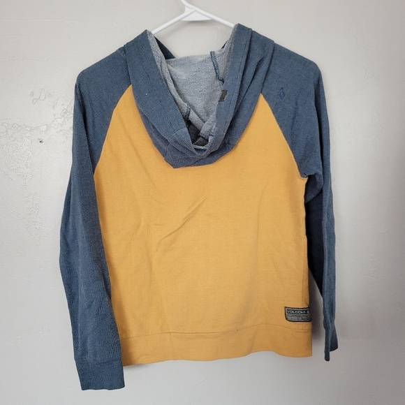Volcom Boys Small Raglan Long Sleeve Hooded Shirt Blue Mustard Yellow Hoodie - Picture 3 of 6